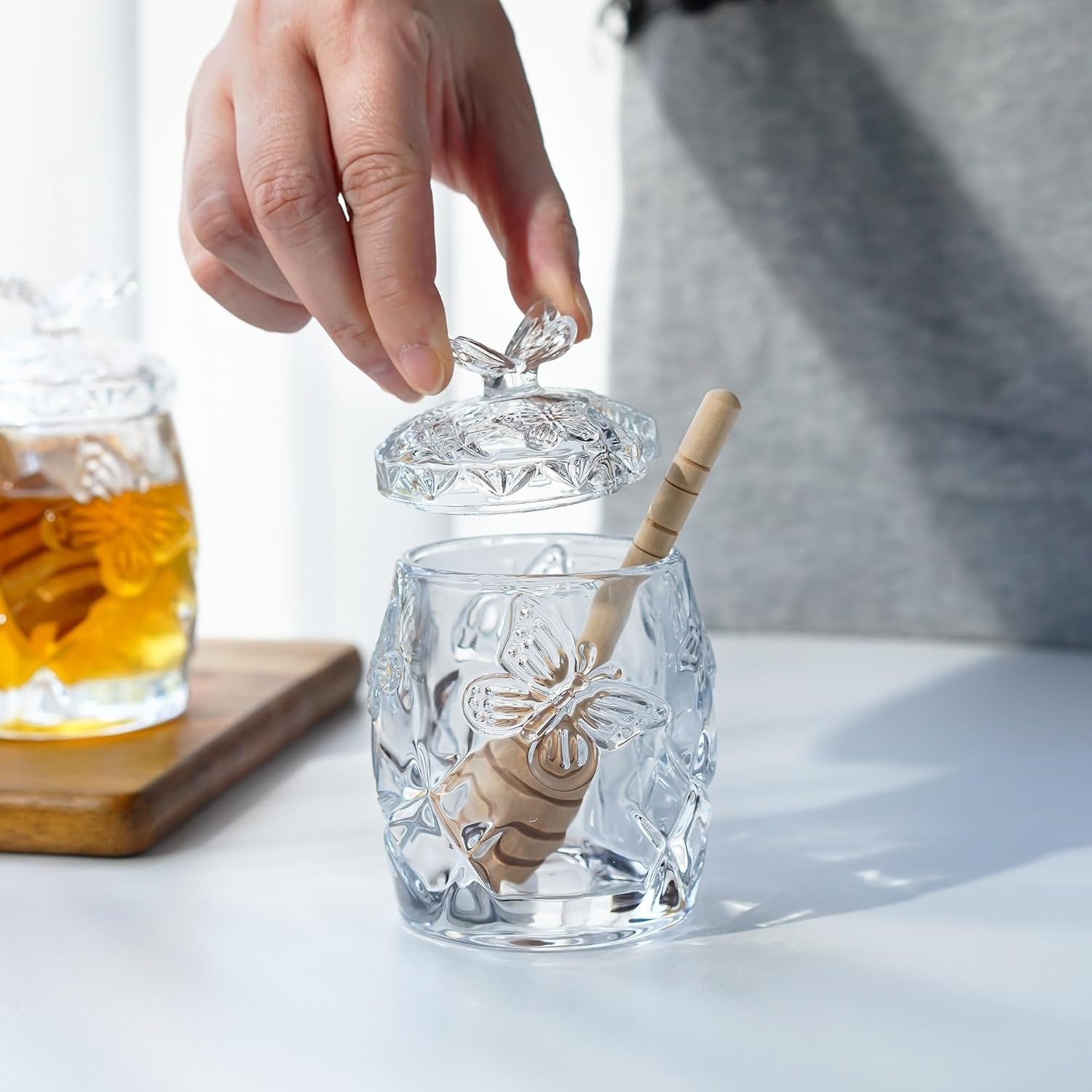 Clear Glass Honey Jar with Dipper and Lid - Image 2