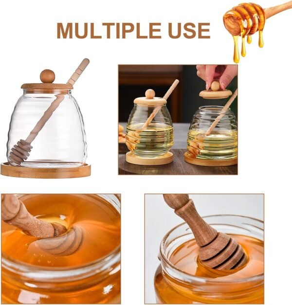 Glass Beehive Honey Pot with Bamboo Lid and Wooden Dipper - Image 3
