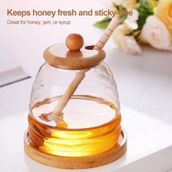 Glass Beehive Honey Pot with Bamboo Lid and Wooden Dipper - Image 2